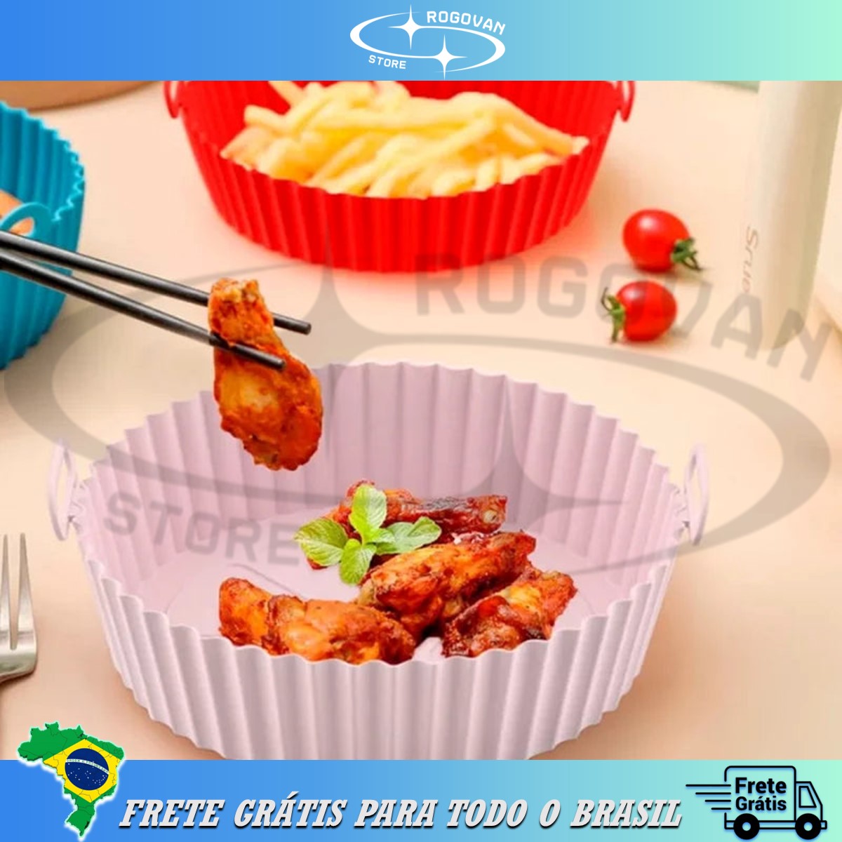 Formas para airfryer kit com 6 pçs, tamanhos variados, silicone antiaderente, micro-ondas, lavável com alça