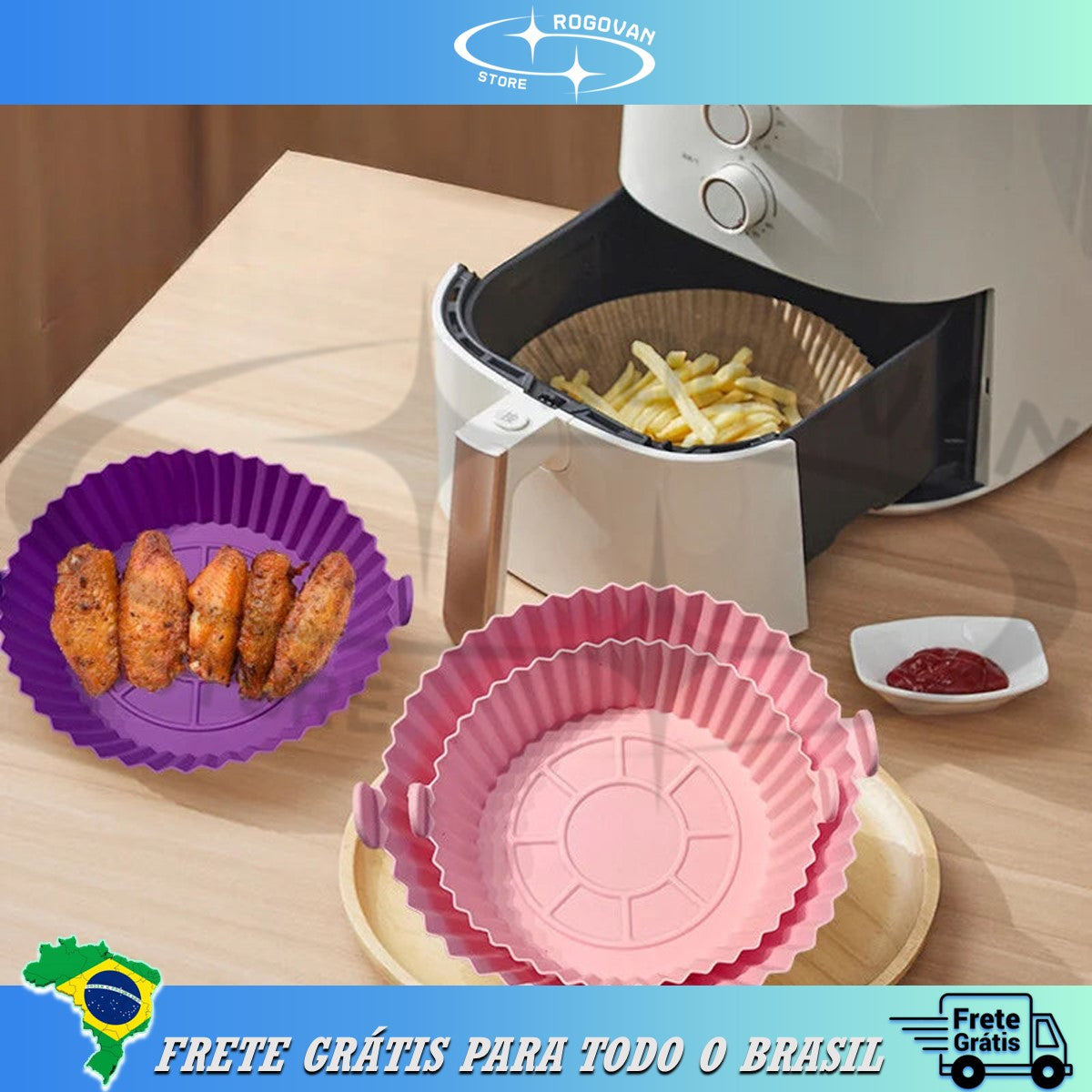 Formas para airfryer kit com 6 pçs, tamanhos variados, silicone antiaderente, micro-ondas, lavável com alça