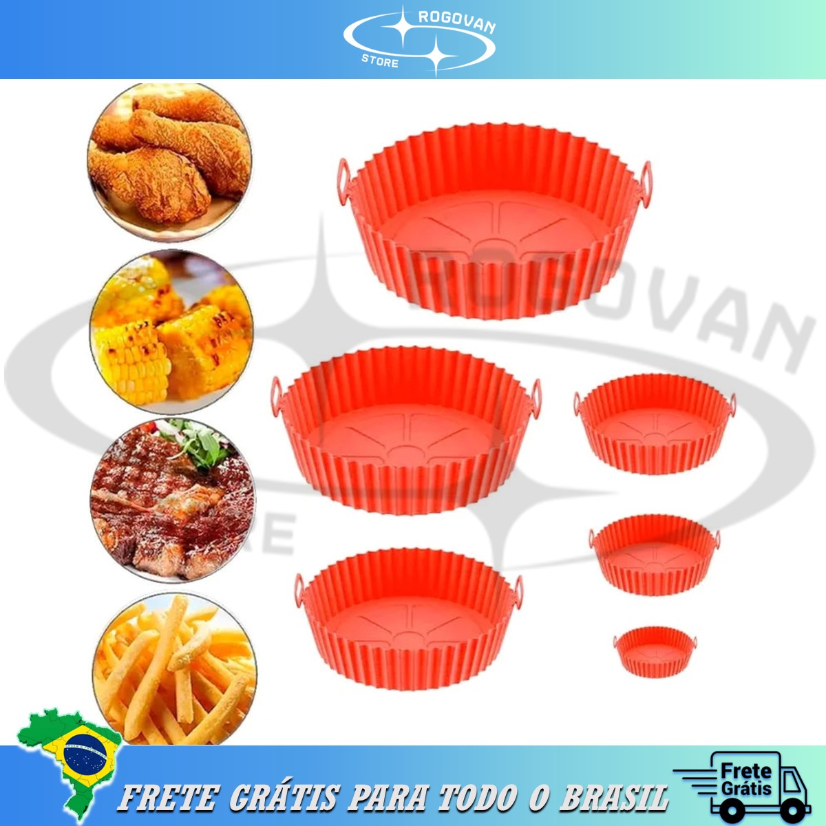 Formas para airfryer kit com 6 pçs, tamanhos variados, silicone antiaderente, micro-ondas, lavável com alça