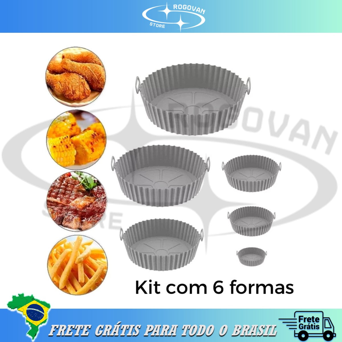 Formas para airfryer kit com 6 pçs, tamanhos variados, silicone antiaderente, micro-ondas, lavável com alça